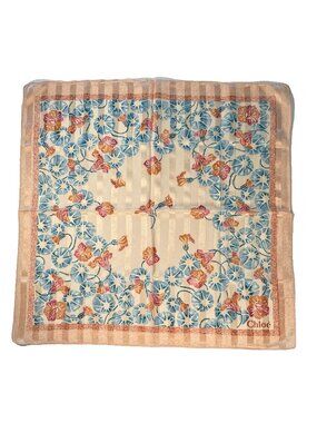 Vintage Chloé Floral Scarf Cotton Soft Pastel Stripe Border